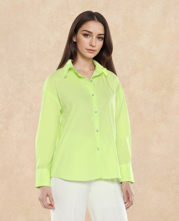 Rareism Women Citta Flouroscent Green Cuffed Sleeves Collared Neck Button Closure Plain Shirt