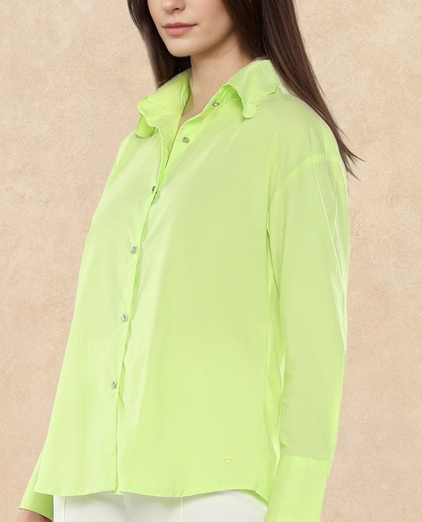 Rareism Women Citta Flouroscent Green Cuffed Sleeves Collared Neck Button Closure Plain Shirt