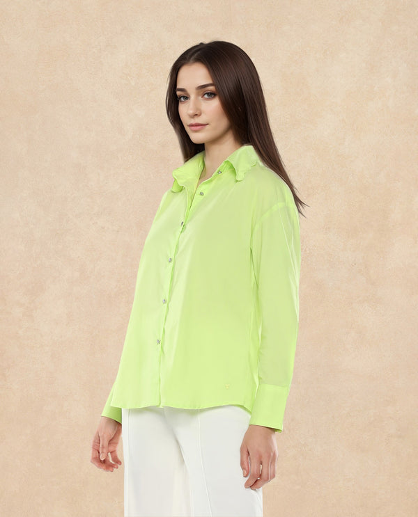 Rareism Women Citta Flouroscent Green Cuffed Sleeves Collared Neck Button Closure Plain Shirt