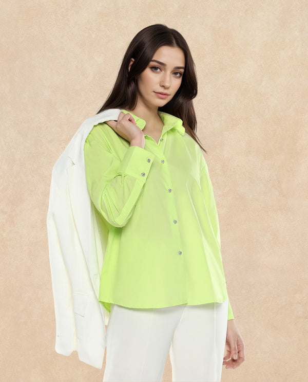 Rareism Women Citta Flouroscent Green Cuffed Sleeves Collared Neck Button Closure Plain Shirt