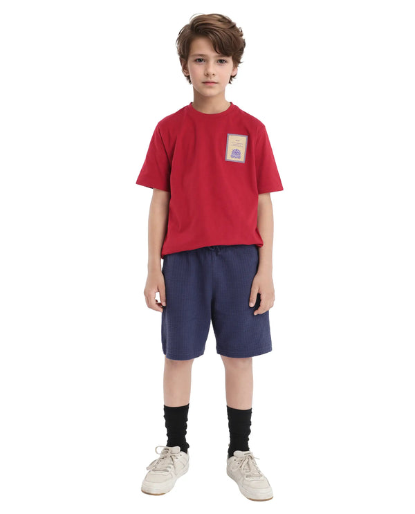Rare Ones Kids Citz Dark Red Cotton Short Sleeve Crew Neck Applique Details Solid Ribbed T-Shirt