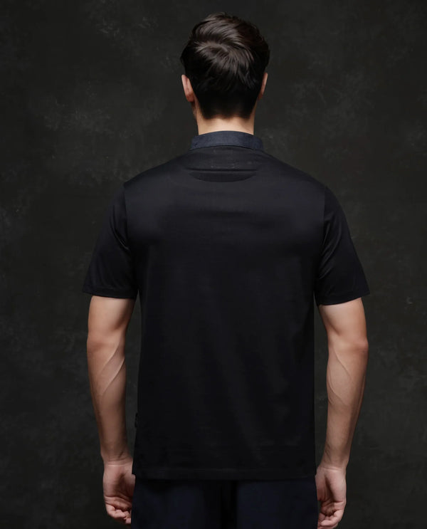Rare Rabbit Men Clarence-1 Black Short Sleeve Collared Neck Button Closure Plain Polo