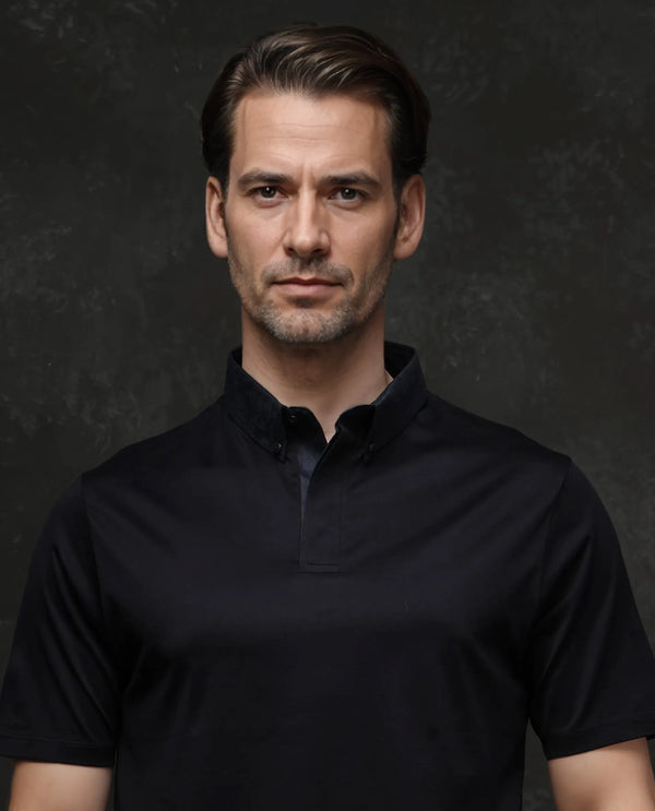 Rare Rabbit Men Clarence-1 Black Short Sleeve Collared Neck Button Closure Plain Polo
