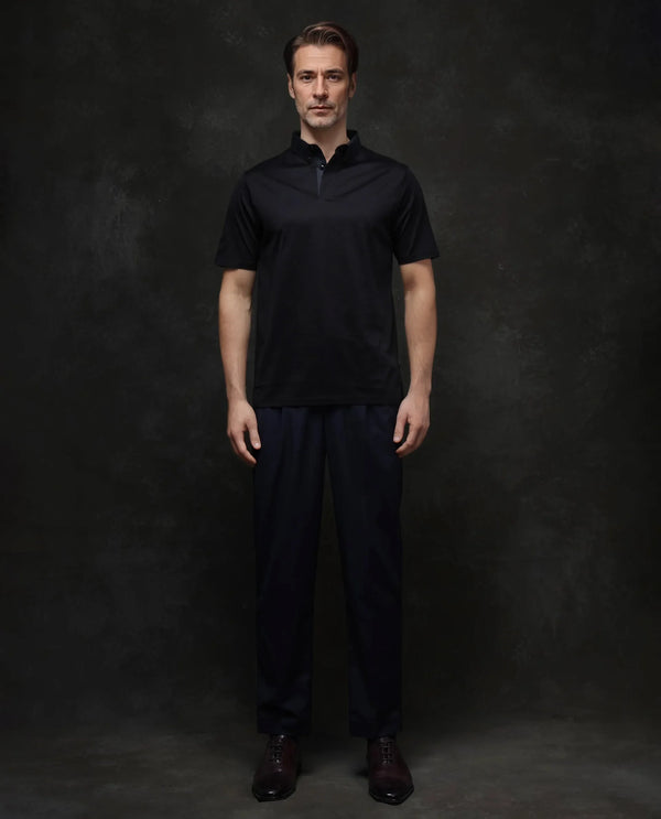 Rare Rabbit Men Clarence-1 Black Short Sleeve Collared Neck Button Closure Plain Polo