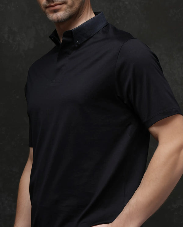 Rare Rabbit Men Clarence-1 Black Short Sleeve Collared Neck Button Closure Plain Polo