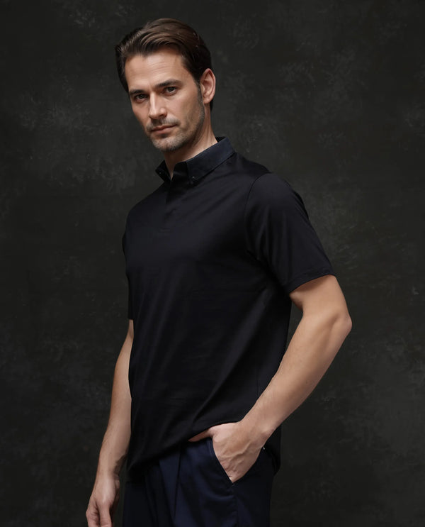 Rare Rabbit Men Clarence-1 Black Short Sleeve Collared Neck Button Closure Plain Polo