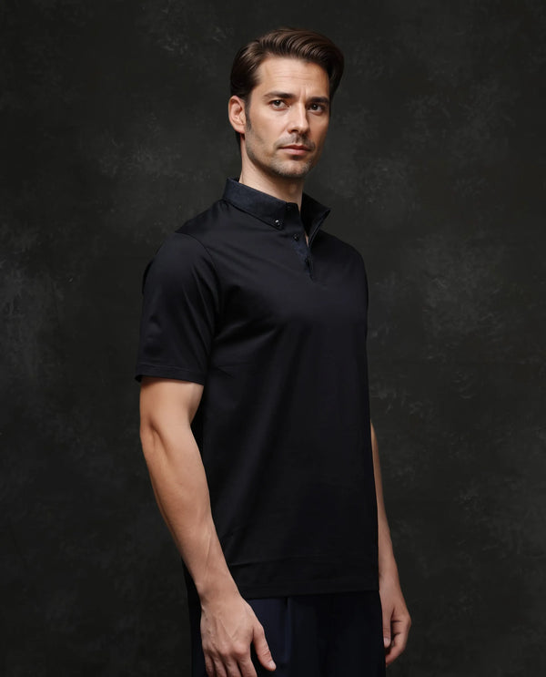 Rare Rabbit Men Clarence-1 Black Short Sleeve Collared Neck Button Closure Plain Polo