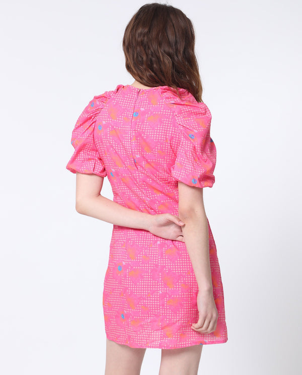 Rareism Women Clark Fluorescent Pink Cotton Fabric Short Sleeves Zip Closure Round Neck Puff Sleeve Slim Fit Floral Print Short Asymmetric Dress