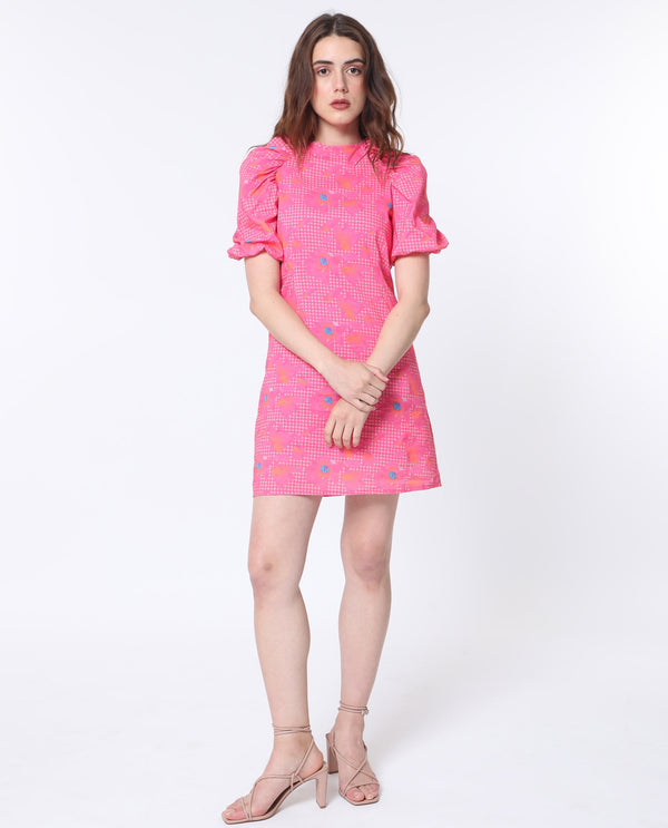 Rareism Women Clark Fluorescent Pink Cotton Fabric Short Sleeves Zip Closure Round Neck Puff Sleeve Slim Fit Floral Print Short Asymmetric Dress