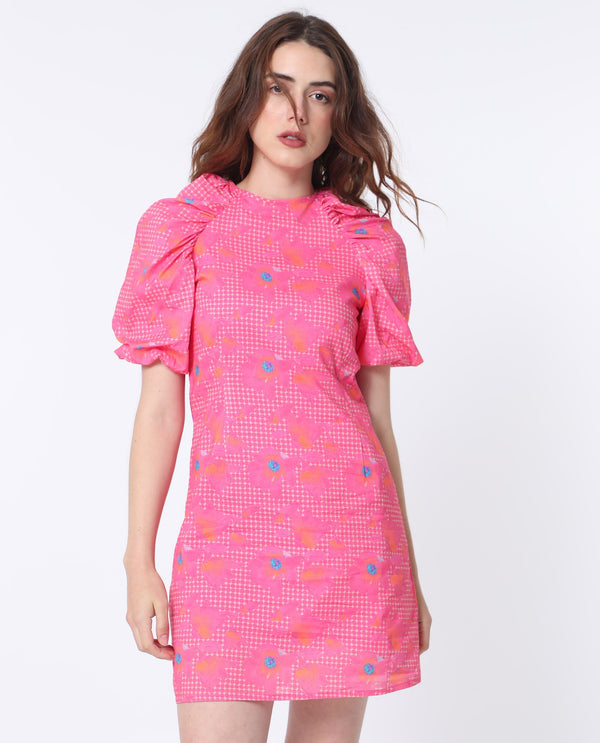 Rareism Women Clark Fluorescent Pink Cotton Fabric Short Sleeves Zip Closure Round Neck Puff Sleeve Slim Fit Floral Print Short Asymmetric Dress