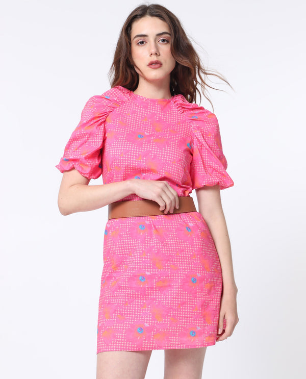 Rareism Women Clark Fluorescent Pink Cotton Fabric Short Sleeves Zip Closure Round Neck Puff Sleeve Slim Fit Floral Print Short Asymmetric Dress
