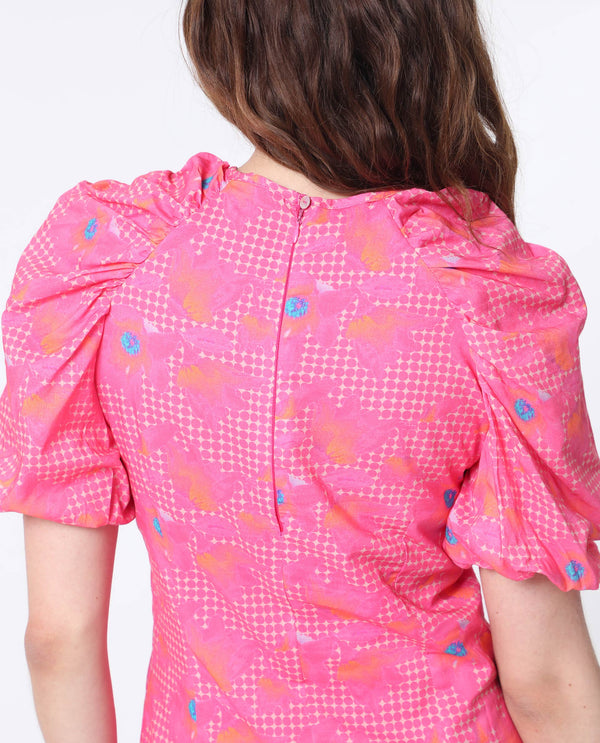 Rareism Women Clark Fluorescent Pink Cotton Fabric Short Sleeves Zip Closure Round Neck Puff Sleeve Slim Fit Floral Print Short Asymmetric Dress