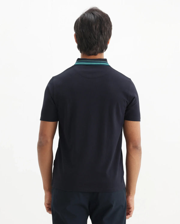 Rare Rabbit Men Clark Dark Navy Cotton Fabric Contrasting Collar Short Sleeve Button Closure Plain Polo