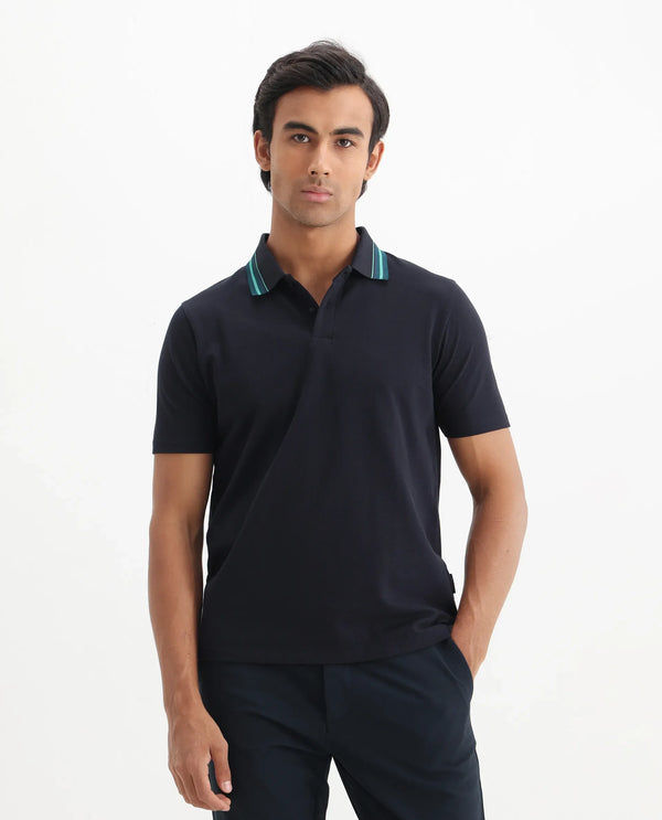 Rare Rabbit Men Clark Dark Navy Cotton Fabric Contrasting Collar Short Sleeve Button Closure Plain Polo
