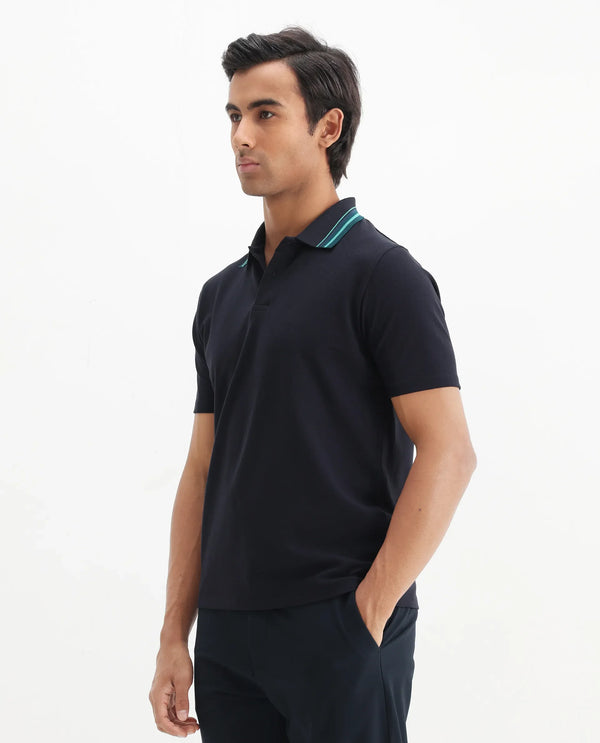 Rare Rabbit Men Clark Dark Navy Cotton Fabric Contrasting Collar Short Sleeve Button Closure Plain Polo