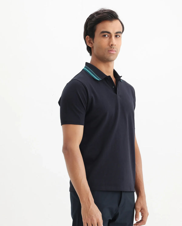 Rare Rabbit Men Clark Dark Navy Cotton Fabric Contrasting Collar Short Sleeve Button Closure Plain Polo