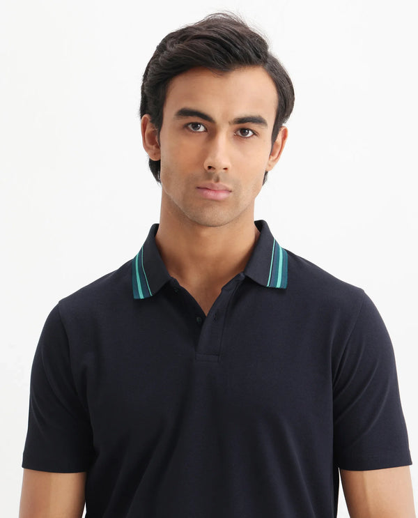 Rare Rabbit Men Clark Dark Navy Cotton Fabric Contrasting Collar Short Sleeve Button Closure Plain Polo