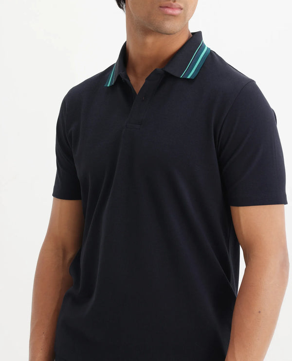 Rare Rabbit Men Clark Dark Navy Cotton Fabric Contrasting Collar Short Sleeve Button Closure Plain Polo