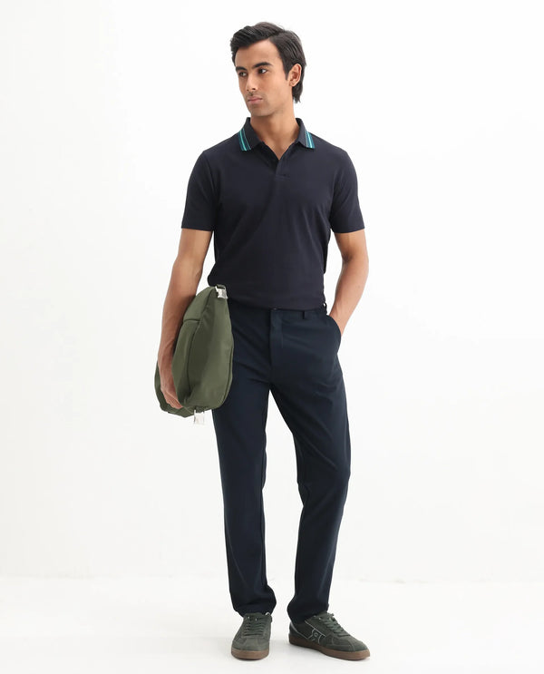 Rare Rabbit Men Clark Dark Navy Cotton Fabric Contrasting Collar Short Sleeve Button Closure Plain Polo