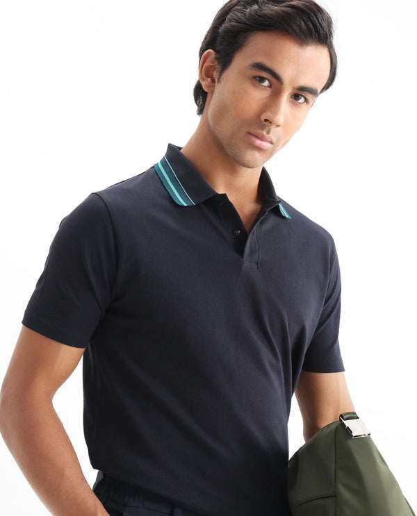 Rare Rabbit Men Clark Dark Navy Cotton Fabric Contrasting Collar Short Sleeve Button Closure Plain Polo