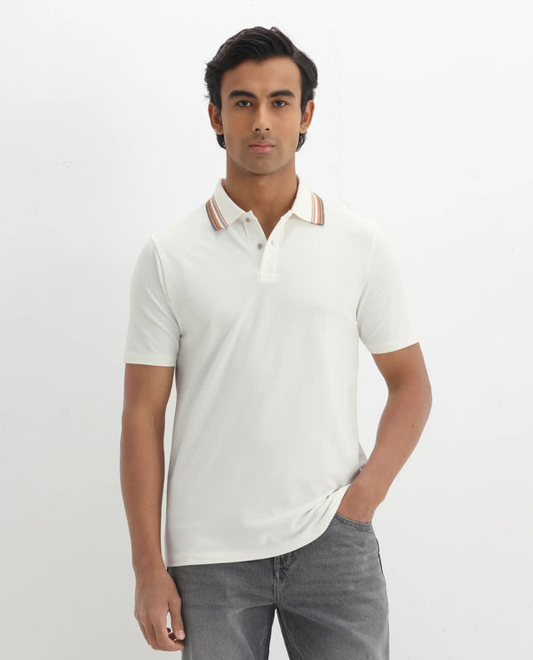 Rare Rabbit Men Clark Off White Short Sleeve Collared Neck Button Closure Plain Polo