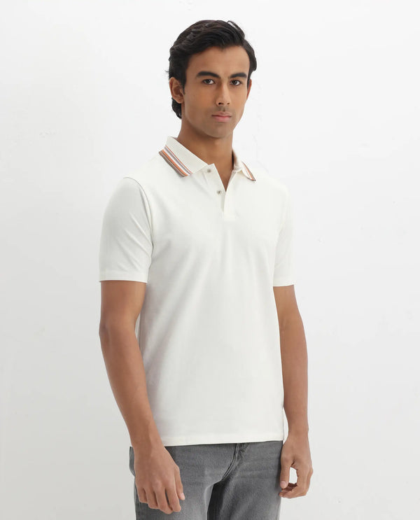 Rare Rabbit Men Clark Off White Short Sleeve Collared Neck Button Closure Plain Polo