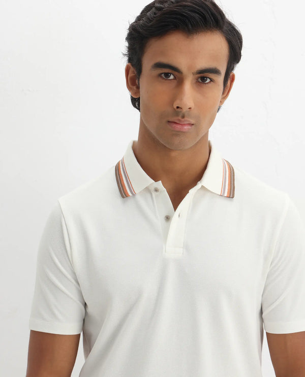 Rare Rabbit Men Clark Off White Short Sleeve Collared Neck Button Closure Plain Polo