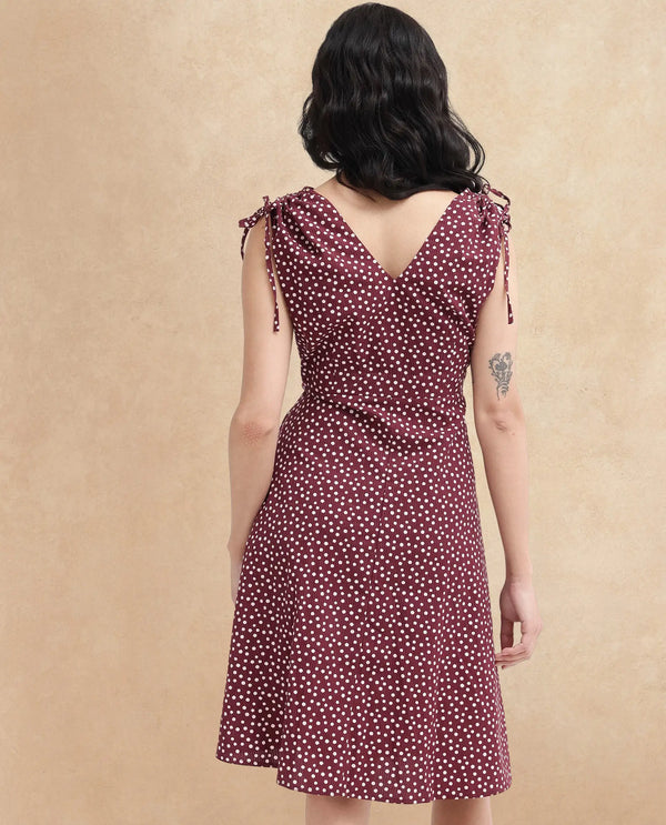 Rareism Women's Clarta Brown  V-Neck Button Closure Sleeveless Polka A-Line Midi Dress