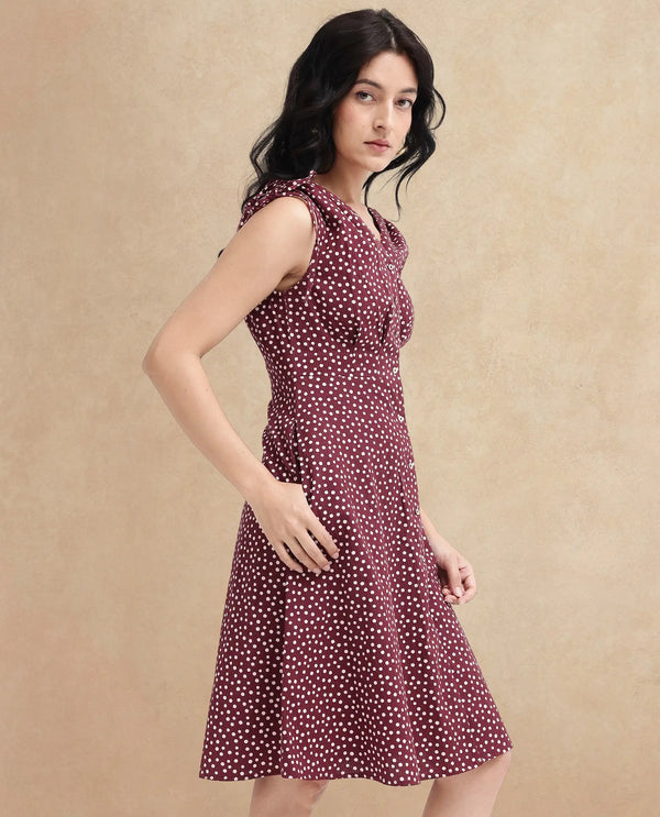 Rareism Women's Clarta Brown  V-Neck Button Closure Sleeveless Polka A-Line Midi Dress
