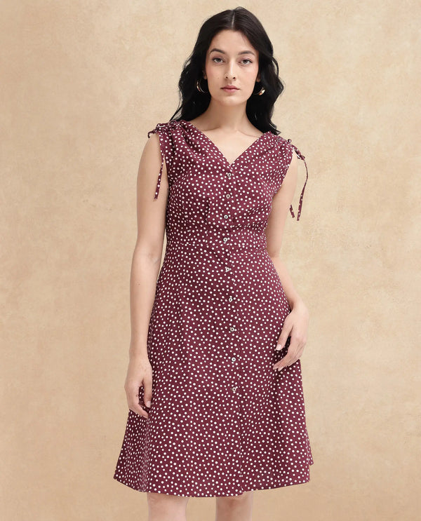 Rareism Women's Clarta Brown  V-Neck Button Closure Sleeveless Polka A-Line Midi Dress