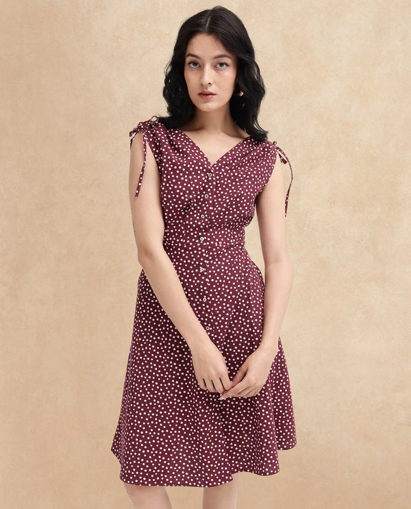 Rareism Women's Clarta Brown  V-Neck Button Closure Sleeveless Polka A-Line Midi Dress