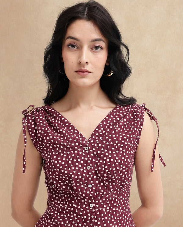 Rareism Women's Clarta Brown  V-Neck Button Closure Sleeveless Polka A-Line Midi Dress