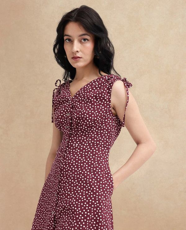 Rareism Women's Clarta Brown  V-Neck Button Closure Sleeveless Polka A-Line Midi Dress