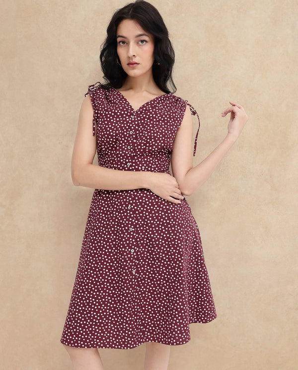Rareism Women's Clarta Brown  V-Neck Button Closure Sleeveless Polka A-Line Midi Dress