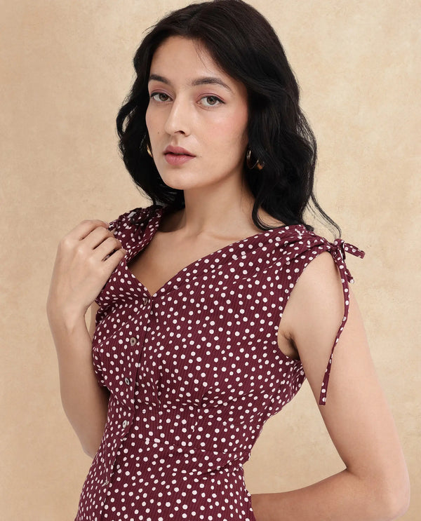 Rareism Women's Clarta Brown  V-Neck Button Closure Sleeveless Polka A-Line Midi Dress