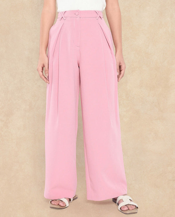 Rareism Women Clary Pink Poly Viscose Lycra Fabric Button Closure Ankle Length Plain Trouser