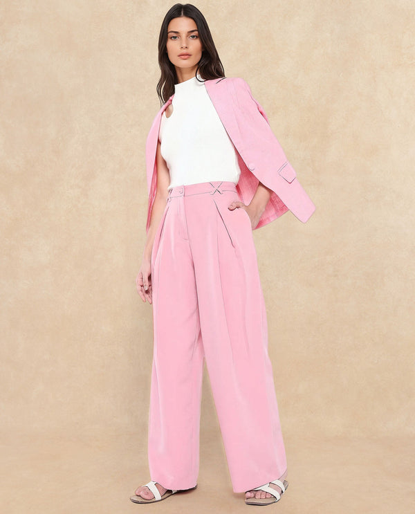 Rareism Women Clary Pink Poly Viscose Lycra Fabric Button Closure Ankle Length Plain Trouser
