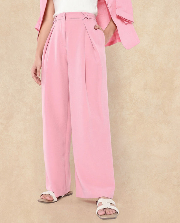 Rareism Women Clary Pink Poly Viscose Lycra Fabric Button Closure Ankle Length Plain Trouser