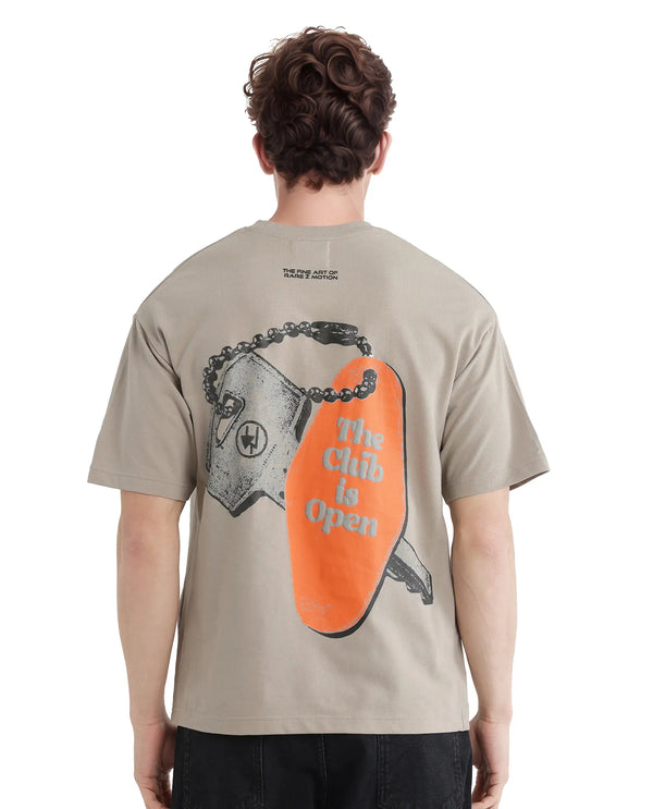 Rare Rabbit Men's Clay Beige Cotton Fabric Half Sleeve Crew Neck Oversized Fit Graphic Print T-Shirt