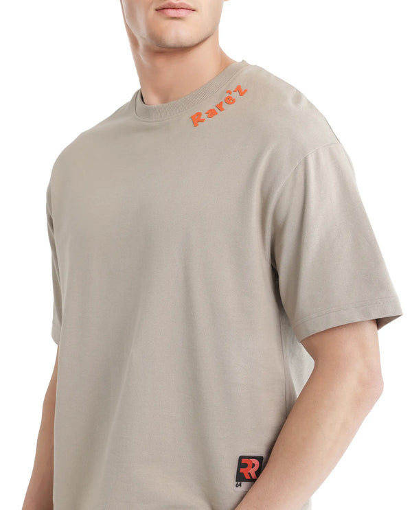 Rare Rabbit Men's Clay Beige Cotton Fabric Half Sleeve Crew Neck Oversized Fit Graphic Print T-Shirt