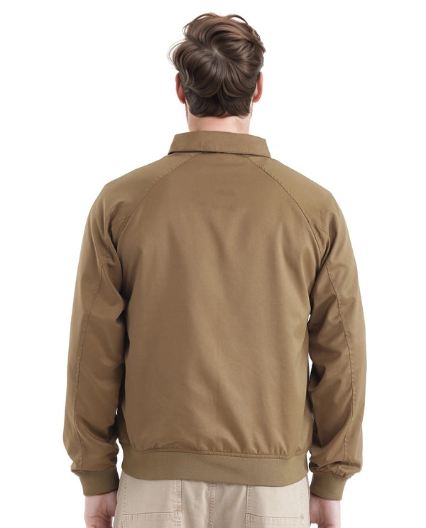 Rare Rabbit Men Clayon Brown Polyester Fabric Full Sleeve Embroidered Logo Spread Collar Solid Jacket
