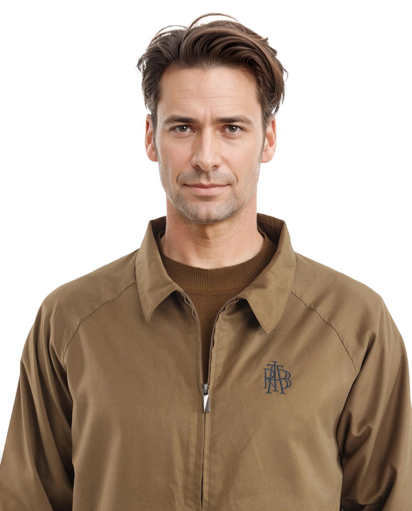 Rare Rabbit Men Clayon Brown Polyester Fabric Full Sleeve Embroidered Logo Spread Collar Solid Jacket