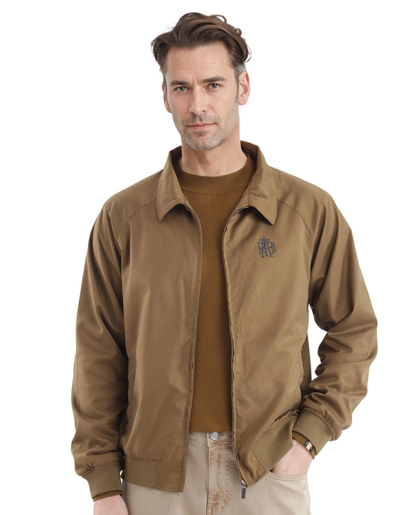 Rare Rabbit Men Clayon Brown Polyester Fabric Full Sleeve Embroidered Logo Spread Collar Solid Jacket