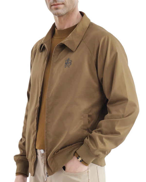 Rare Rabbit Men Clayon Brown Polyester Fabric Full Sleeve Embroidered Logo Spread Collar Solid Jacket