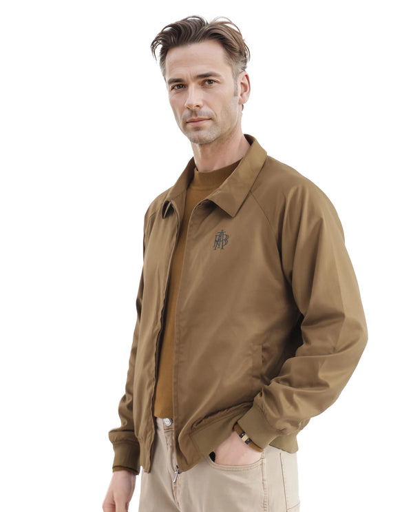 Rare Rabbit Men Clayon Brown Polyester Fabric Full Sleeve Embroidered Logo Spread Collar Solid Jacket