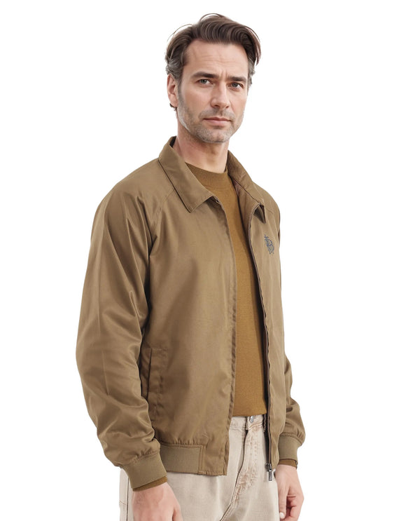 Rare Rabbit Men Clayon Brown Polyester Fabric Full Sleeve Embroidered Logo Spread Collar Solid Jacket