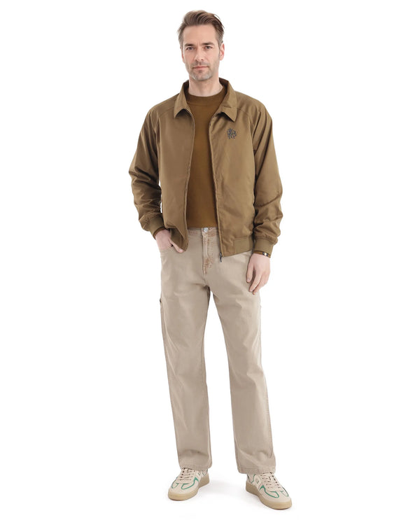 Rare Rabbit Men Clayon Brown Polyester Fabric Full Sleeve Embroidered Logo Spread Collar Solid Jacket