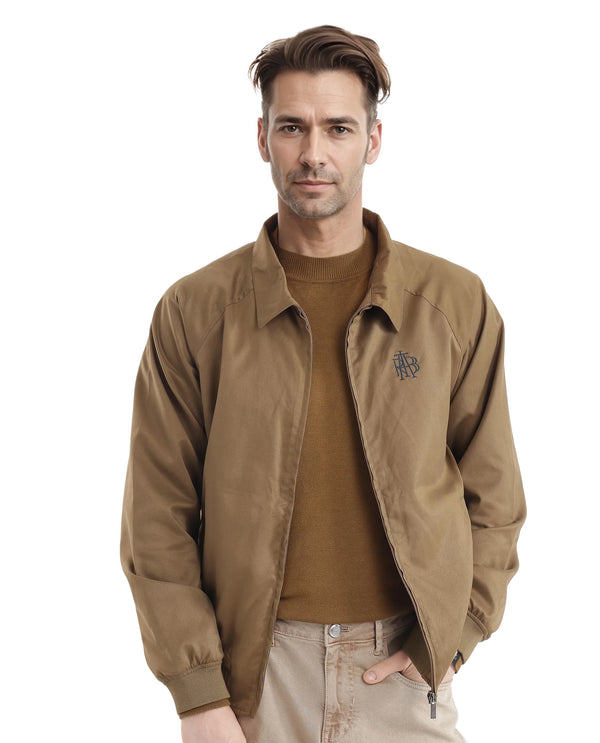 Rare Rabbit Men Clayon Brown Polyester Fabric Full Sleeve Embroidered Logo Spread Collar Solid Jacket