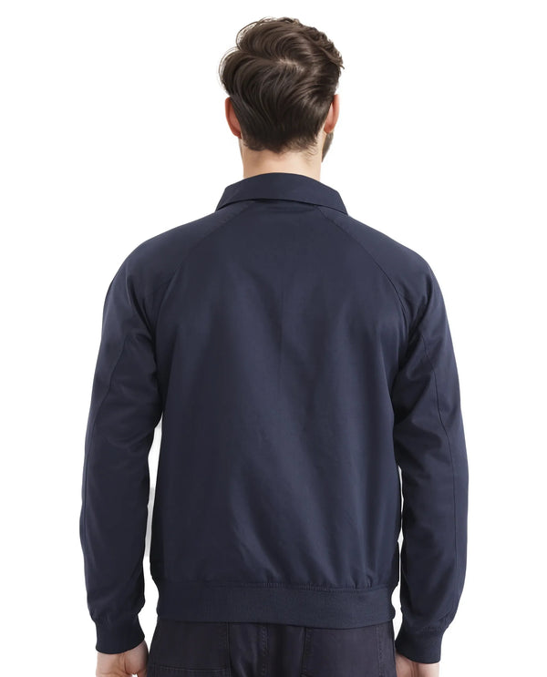 Rare Rabbit Men Clayon Navy Polyester Fabric Full Sleeve Embroidered Logo Spread Collar Solid Jacket