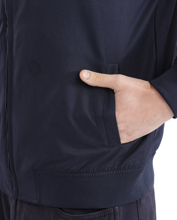 Rare Rabbit Men Clayon Navy Polyester Fabric Full Sleeve Embroidered Logo Spread Collar Solid Jacket